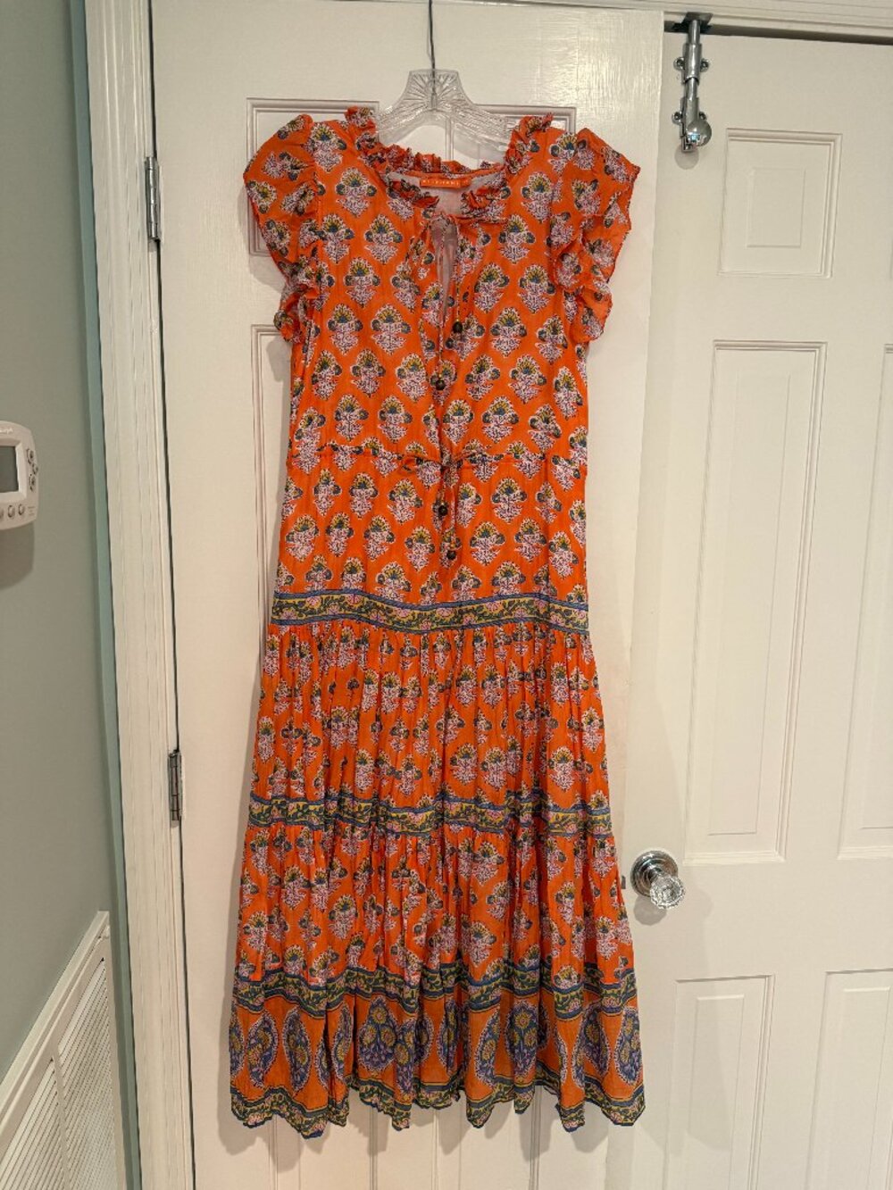 Oliphant Cinched Flirty Midi Orange Dress, size XS